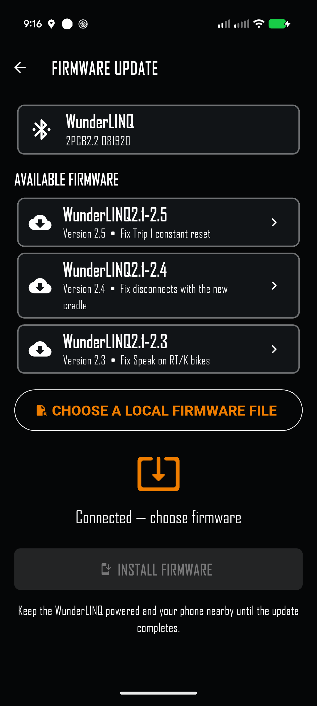 Firmware Update screen showing releases for the connected WunderLINQ