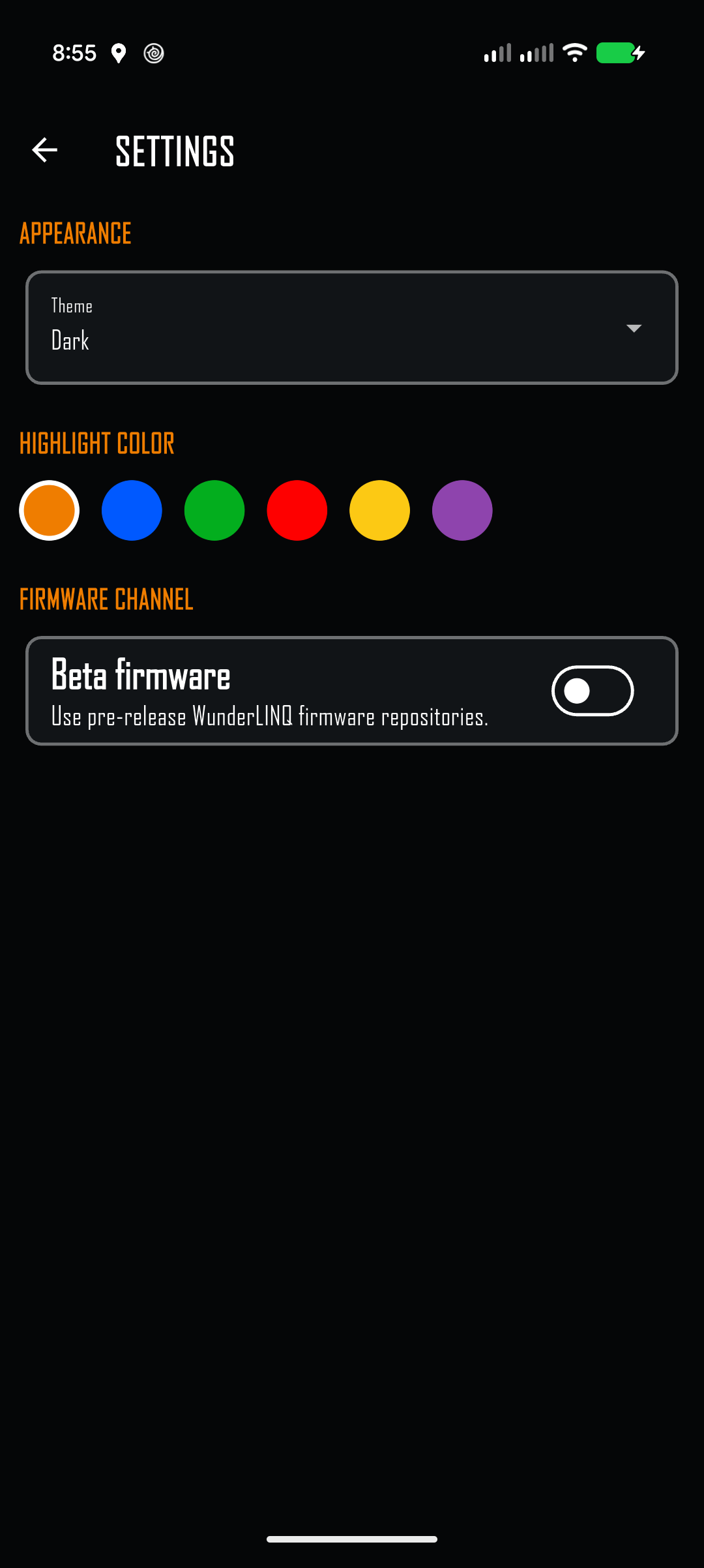 WunderLINQ DFU Settings screen