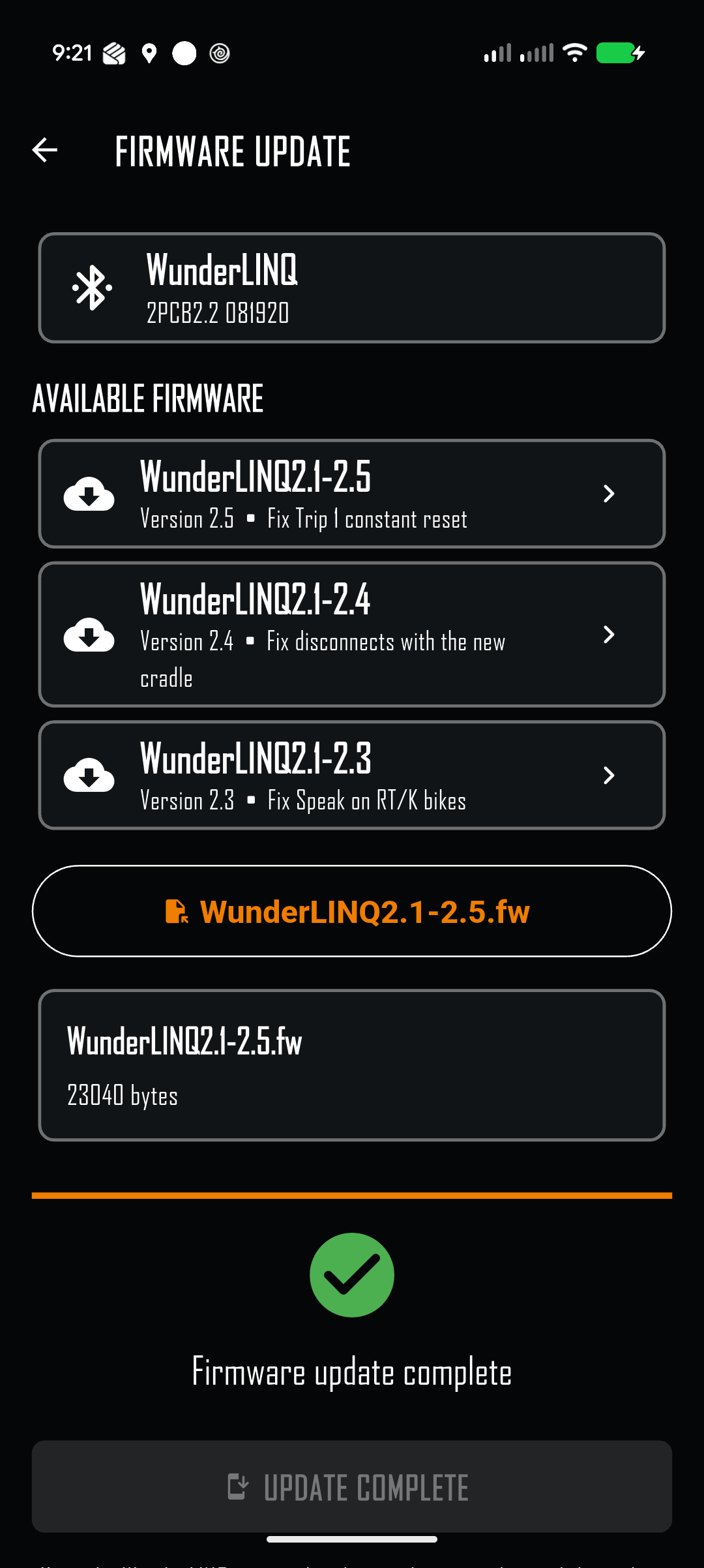 WunderLINQ firmware update complete at 100 percent