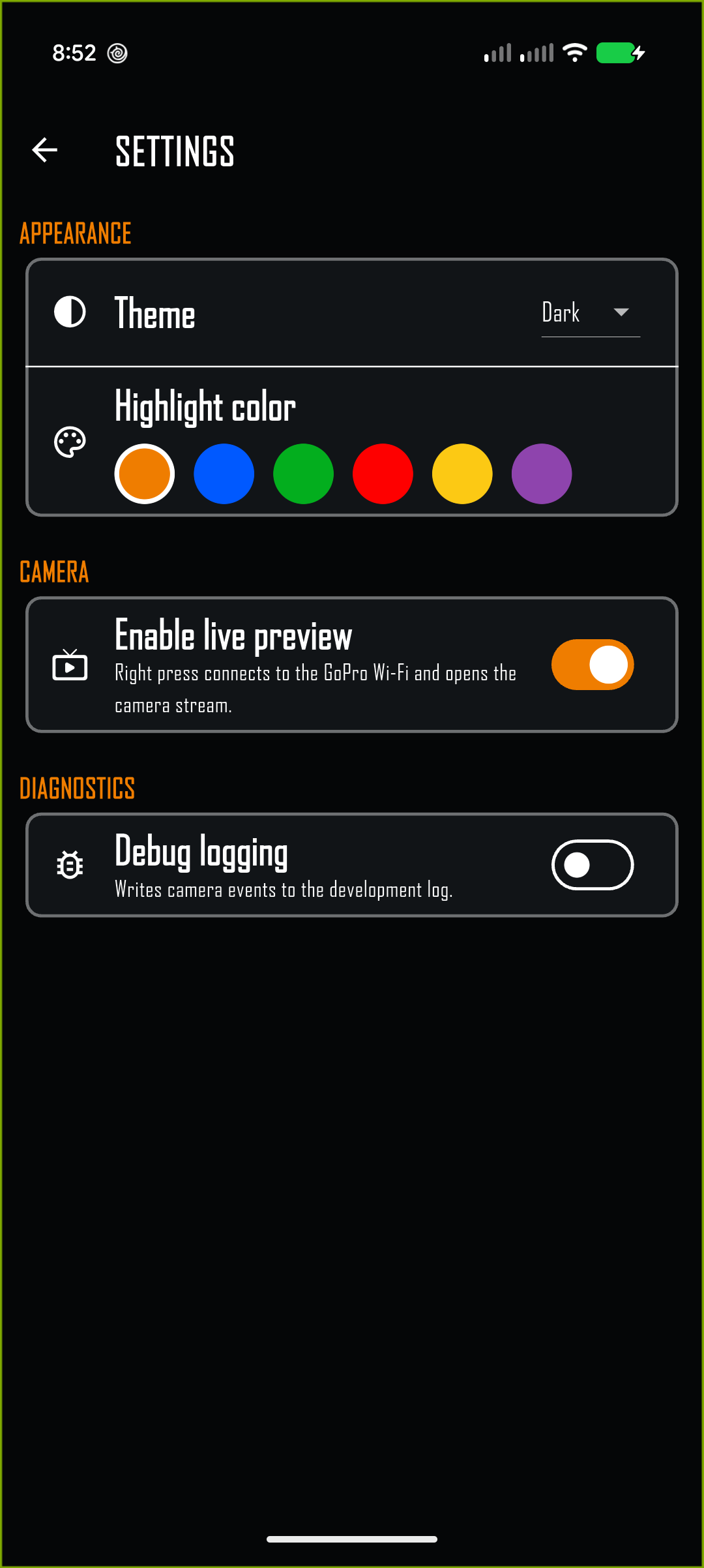 Settings screen with Enable live preview switched on