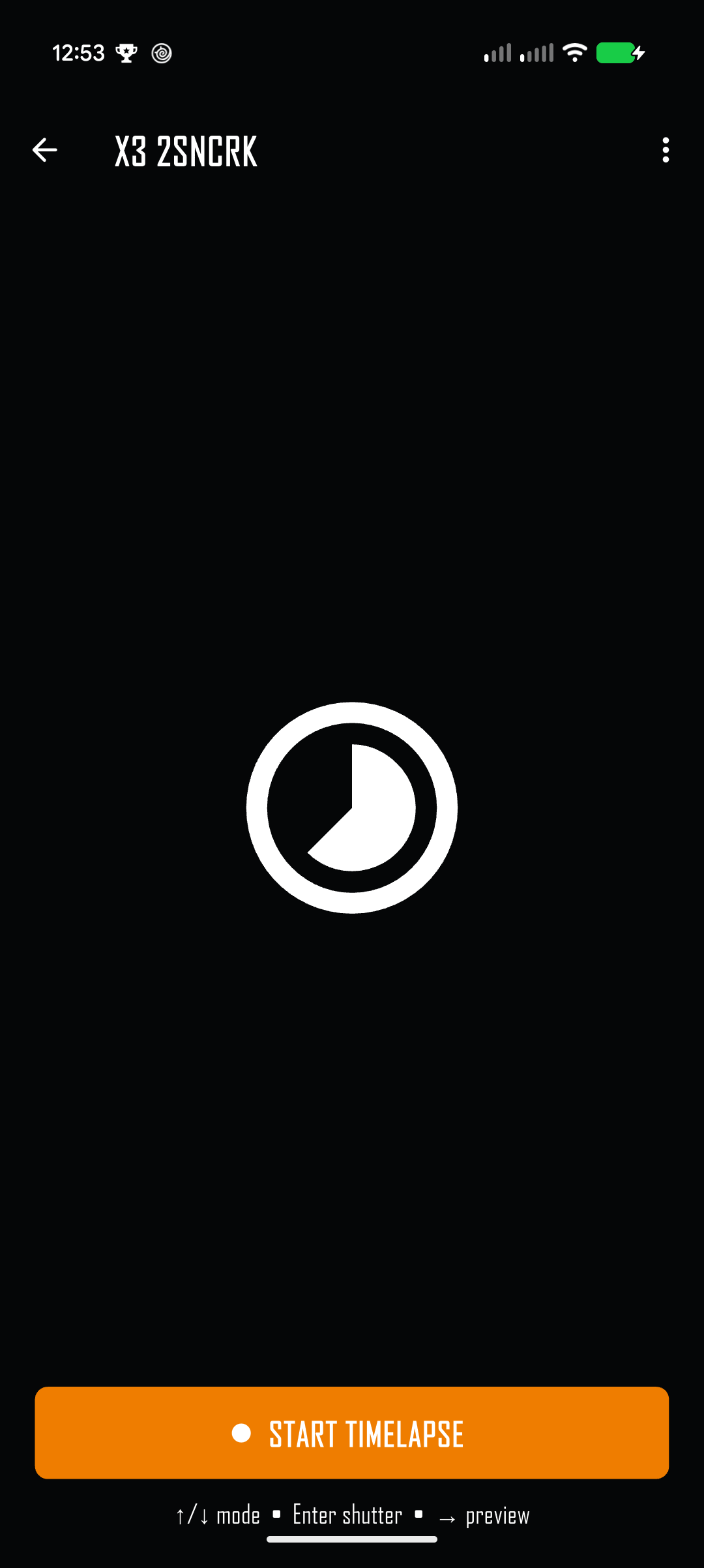 Connected Insta360 X3 in Time Lapse mode with Start Timelapse button