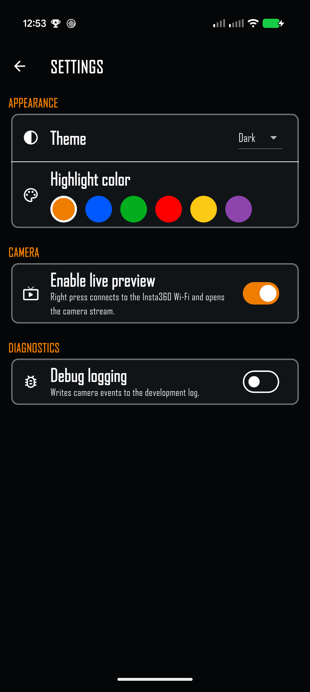 Insta360 Settings screen with Enable live preview switched on