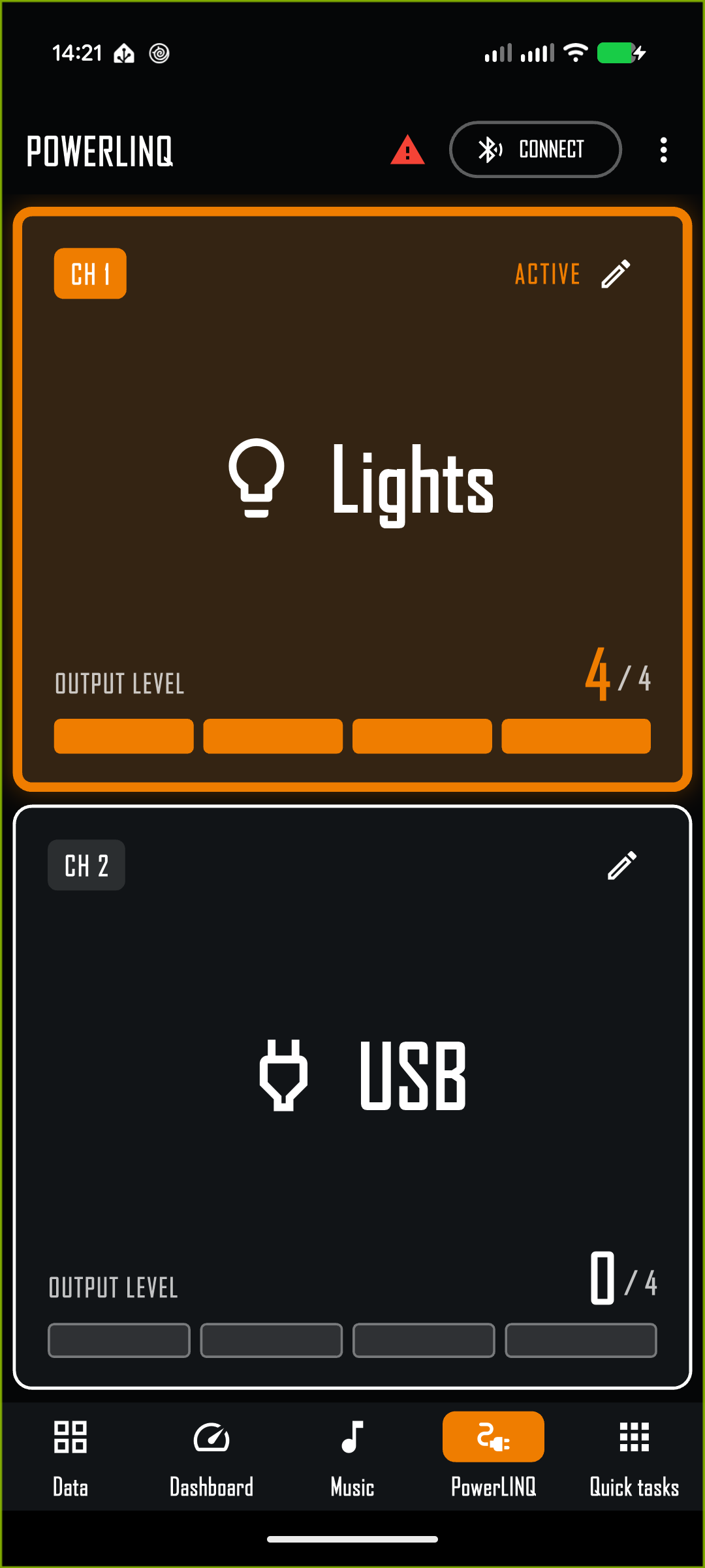 PowerLINQ screen with two configured accessory channels